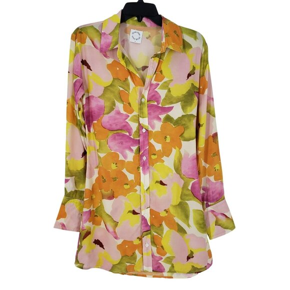 With Jean Pink Green Yellow Orange Floral Long Sleeve Button Front Collar Dress - Picture 3 of 16